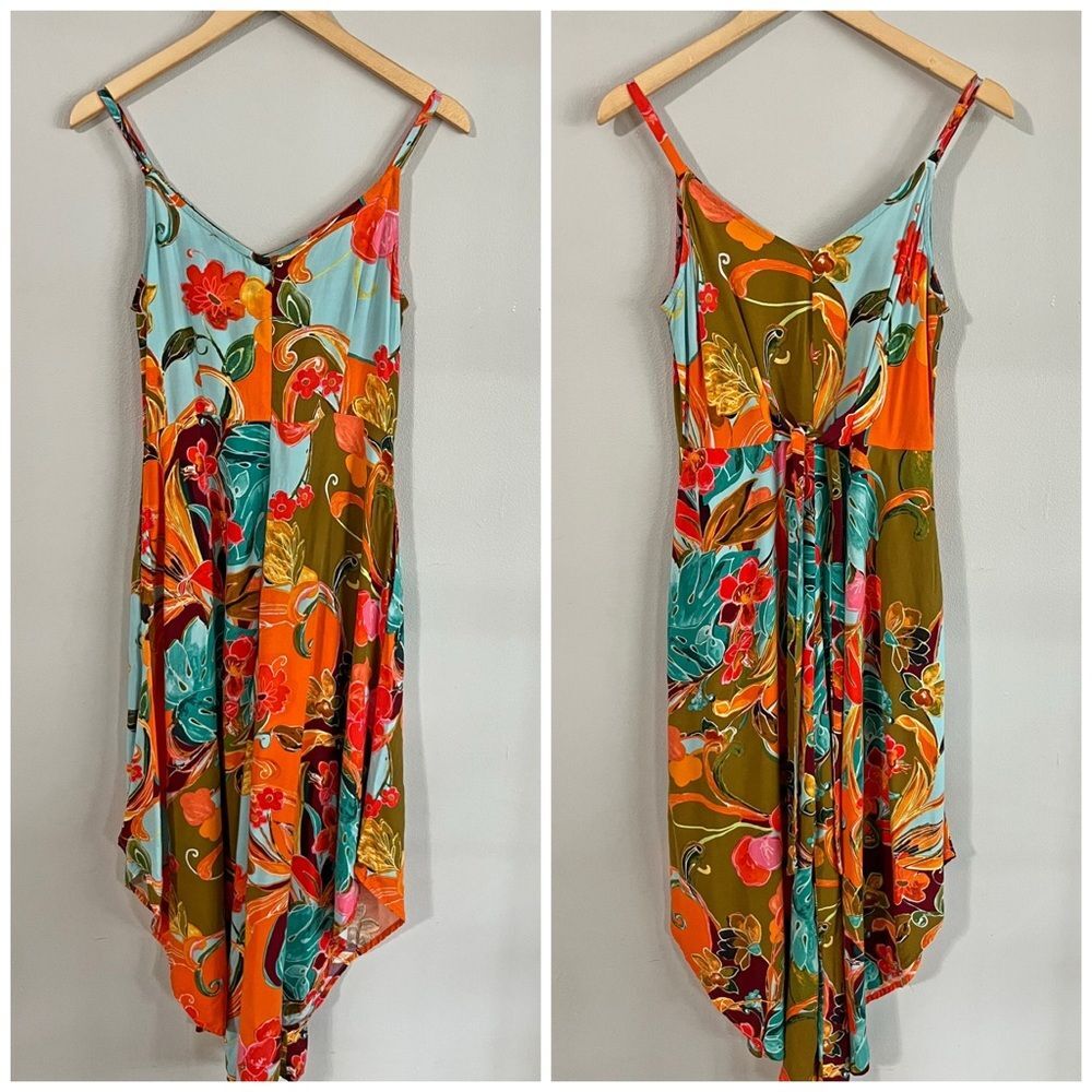 1.STATE Floral Jumpsuit Women S Wide Leg Boho Handkerchief Hem Rayon Tie Waist